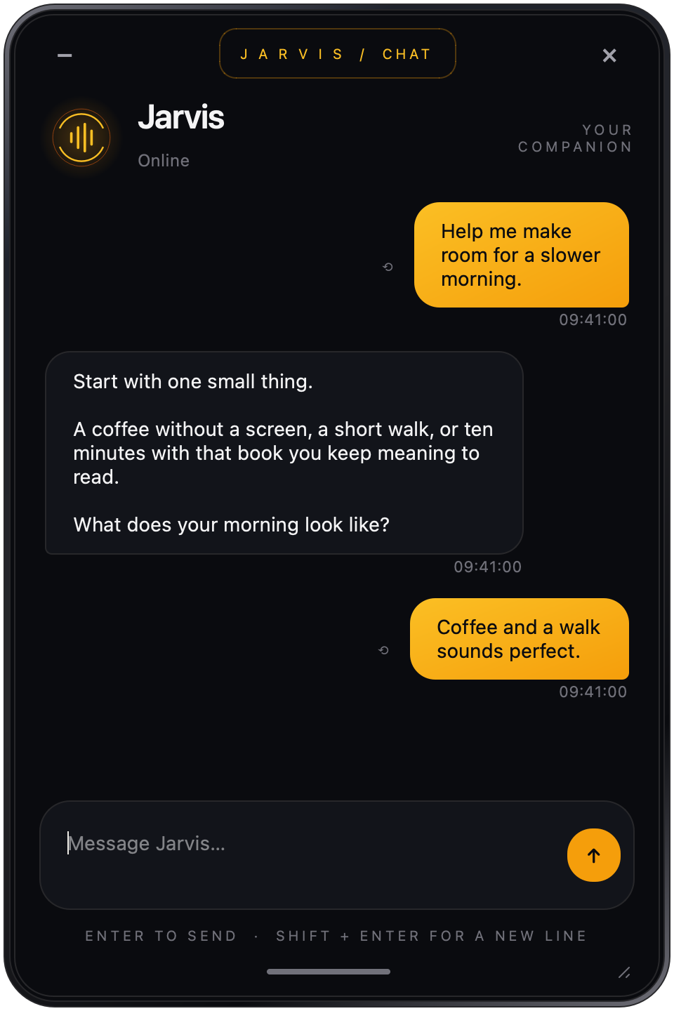 Jarvis's dark companion chat window, showing an illustrative conversation