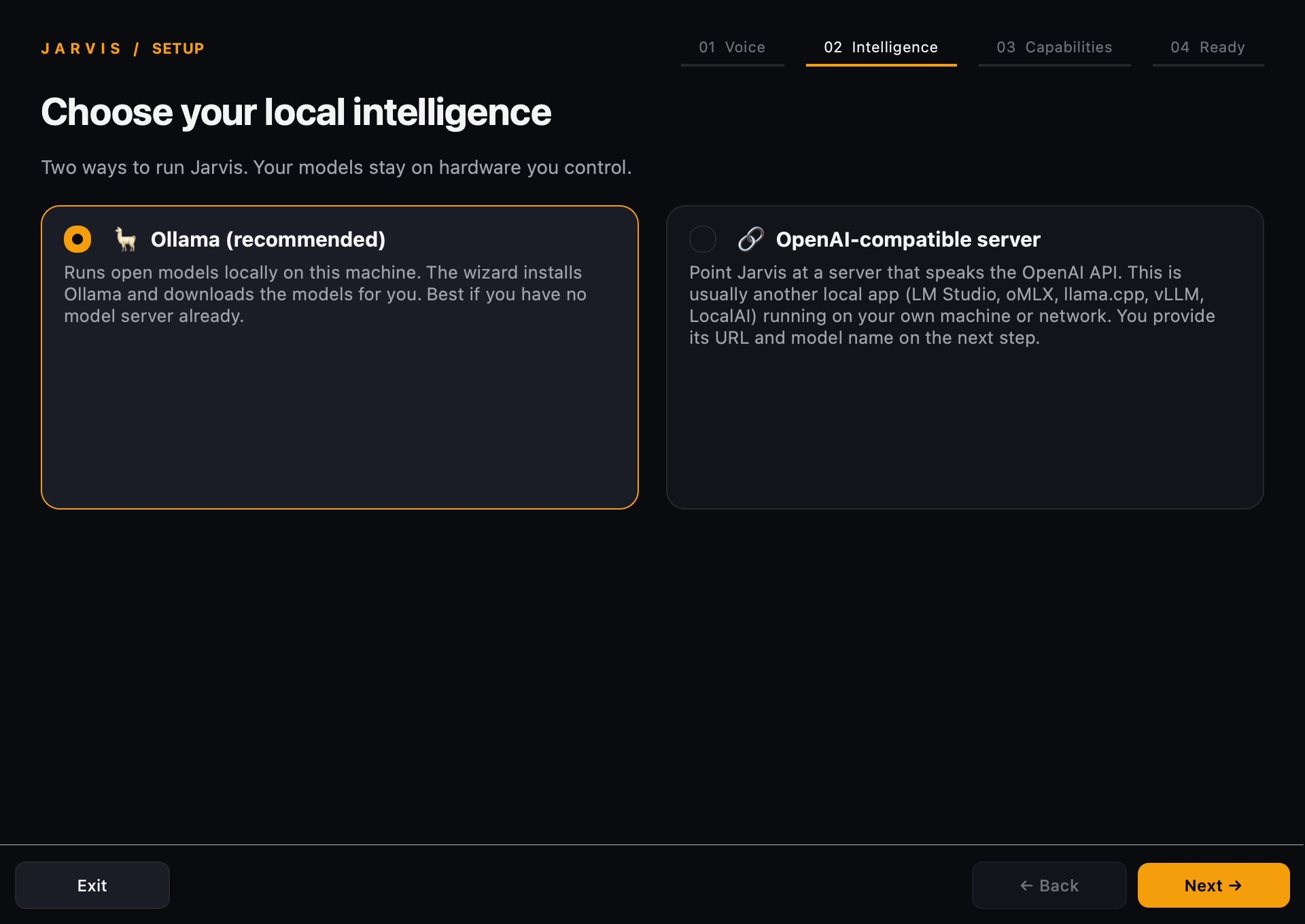 Jarvis setup wizard offering Ollama and an OpenAI-compatible local server